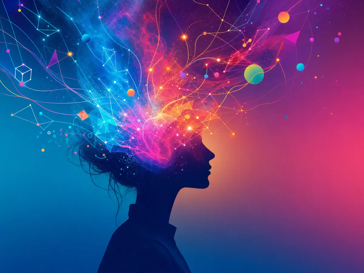 Editorial illustration of creativity — silhouette figure with luminous cognitive imagery emerging from the mind area, for what does my iq score mean